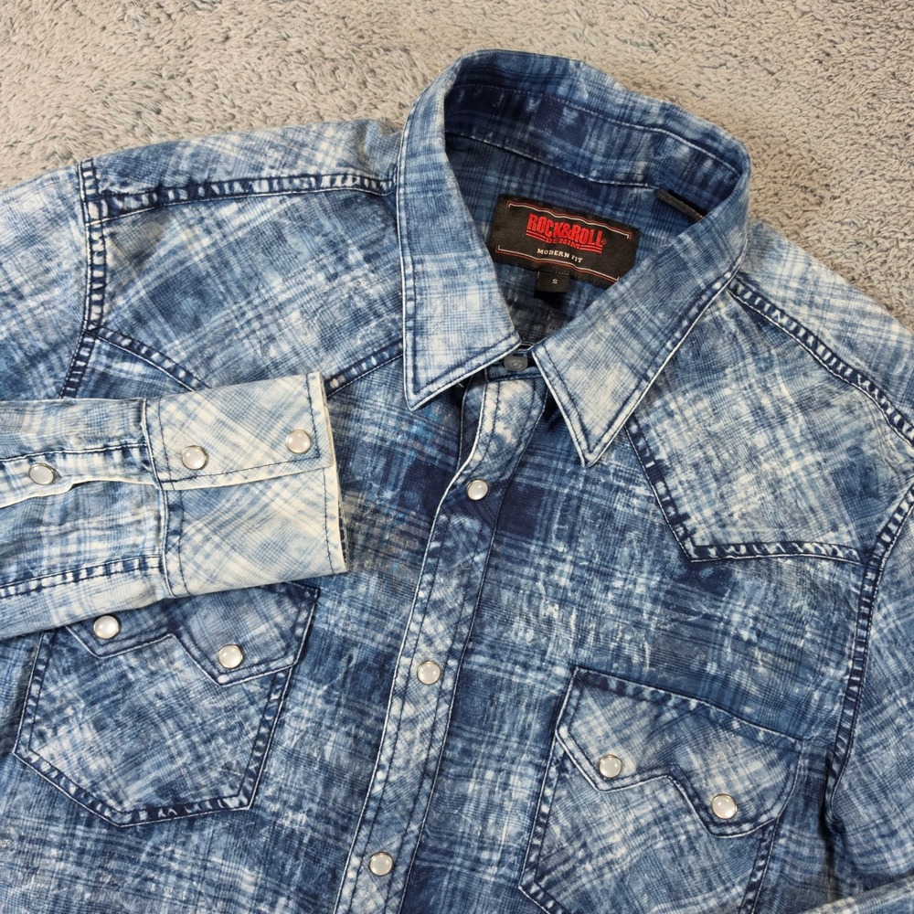 Rock & Roll Denim Western Shirt Mens S Blue Acid Wash Plaid Pearl Snap Sawtooth